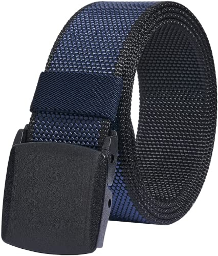 LionVII Mens Casual Belts Web, 2 Colors in 1 Reversible Canvas Strap with YKK Plastic Buckle, Adjustable Trim to Fit 28-49 Waist (Black and Blue)