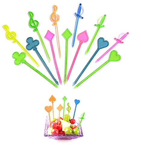 PFLYPF 100 forchette da frutta in plastica, tra cui 4 stili: cuore, carte da gioco, fascino musica, spada, accessori bento, amore, piatto di frutta, decorazione per torte