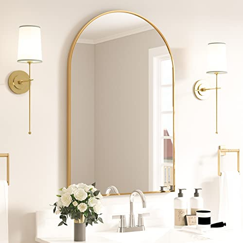 CASSILANDO Arched Mirror, 50×75cm Arched Bathroom Vanity Mirrors, Aluminum Alloy Frame, Wall Mounted for Living Room, Fireplace, Bedroom, Entryway, Gold
