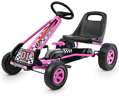 GOPLUS Gokart ab 3 Jahre, Go Kart mit verstellbarem Sitz, Vor- und Rückwärtsgang, Tretauto mit Gummi Räder, Flexible Kupplung und Handbremse, Kinderfahrzeug für Kinder 3-8 Jahren (Rosa)