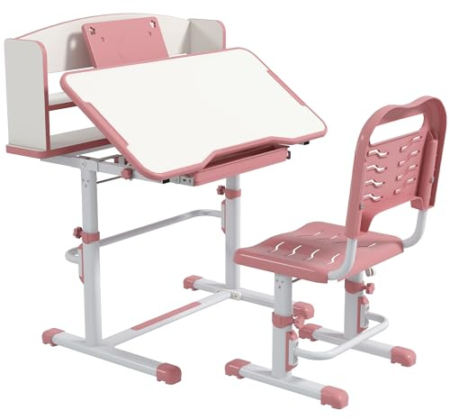 ZONEKIZ Kids Desk and Chair Set Height Adjustable for Ages 6-12 Years Pink | Children School Study Table, Drawer, Bookshelf, Adjustable Angle Tabletop, Non-slip Mat