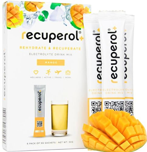 Recuperol Rehydration & Recovery Electrolytes Powder Supplement for Dehydration, 6 Sachets, Replace Mineral Salts & Fluids, Zinc, Vitamin C, B12, D3, Potassium, Natural Mango Flavour