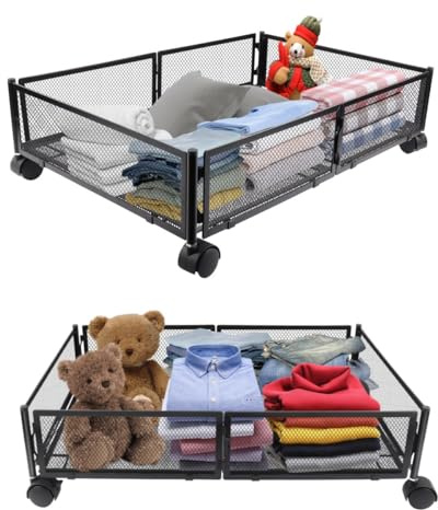 2P Rangement Sous Lit avec Roulette,Boîte de rangement sous Lit,Tiroir Commode sous Lit Pliable en Métal,Boîtes de Rangement sous Lit pour sous Canapé, sous Table (60 * 40 * 17cm-Noir-2P)