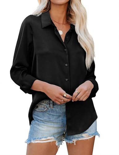 Beyove Chemisier Femme Satin Soie Chemises Élégantes Manches Longues Hauts Business avec Boutons Lâche Noir Taille S