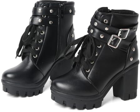 FOREADA Bottes gothiques à talon épais pour femme - Bottines de combat noires à plateforme avec boucle et rivets - Chaussures punk gothique avec fermeture éclair, Talon épais noir, 41.5 EU