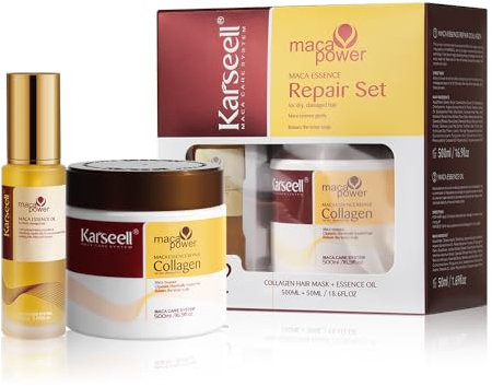 Karseell Maca Essenz Reparatur Set, Kollagen Haarmaske & Haaröl Tiefenreparatur Haarpflege für Trockenes Geschädigtes Haar Alle Haartypen 500ml + 50ml
