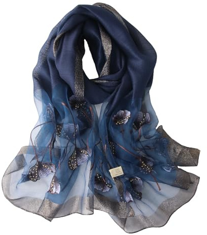 Anvevkn Women's Silk Embroidered Scarf Lightweight Shawls and Wraps for Weddings Fashion Elegant Pashmina Shawl Embroidered Scarves (D-Navy blue)