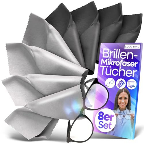 Loco Bird Brillenputztücher 8er Set 17x15cm - Brillenputztuch Microfaser in Optikerqualität - Mikrofasertücher für Brille & Display, Brillen Zubehör, Brillentücher in Grau