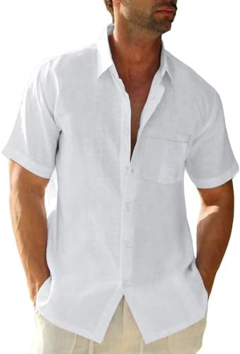 Glacspyg Camisa de Lino Camisa de Manga Corta para Hombre Camisa Casual de Trabajo Camisa Entallada Casual de Negocios Vacaciones de Verano Playa con Bolsa