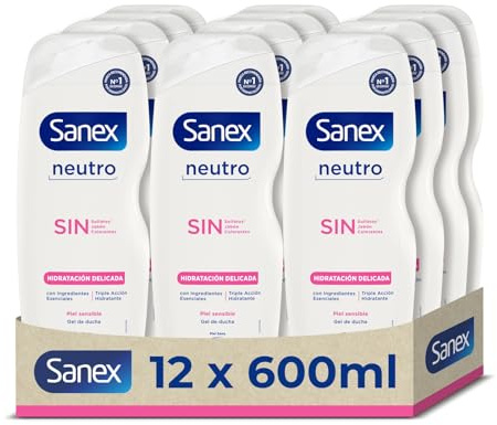 Gel de Ducha Sanex Neutro Hidratación Delicada Pack 12 x 600 ml | Con ingredientes esenciales | 0% sulfatos*, 0% jabón y 0% colorantes | Gel de ducha para piel sensible | Hidratación duradera