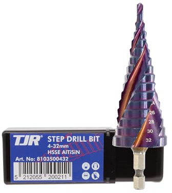 TJR Broca escalonada de 4-32 mm con revestimiento HSSE AlTiSiN, ranura espiral de precisión con vástago hexagonal de 1/4 para metal, madera y plástico, cortador de agujeros multipaso de alto