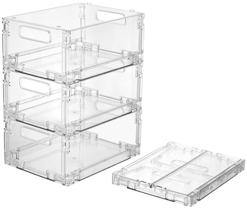 Cozary Kühlschrank Organizer 4er Set, Faltbar Stapelbar Kühlschrank Boxen, Durchsichtig Aufbewahrungsbox mit Griff, Fridge Organizer, BPA Frei, für Küchen, Kühlschrank, Schränke, Speisekammer