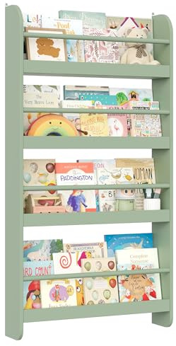 FOREHILL Kids Bookcase Wall Mounted Bookshelf 4 Tier Children's Book Organizer Display Storage Rack Wooden for Children's Room Nursery 58x12x111cm Green