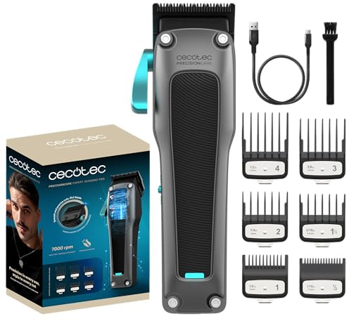 Cecotec Tagliacapelli a batteria con motore Brushless PrecisionCare Expert Diamond Pro. 7000 rpm, lama DLC con diamante nero, 6 pettini guida, regolazione della lunghezza 0,8-2 mm, autonomia 2,5 h