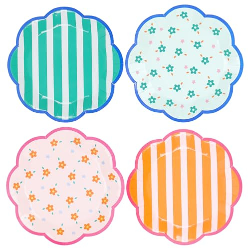FYSUIMU 48 Pcs Italian Summer Paper Plates Party Plates 9 Inch Floral Striped Scalloped Disposable Dinner Plate for Bachelorette Party Baby Shower Birthday Tableware Supplies