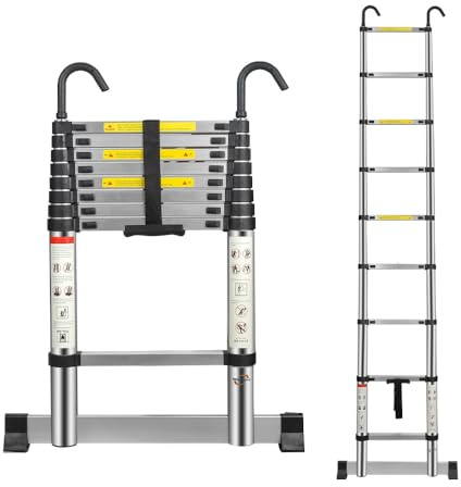 Multibao Telescopic Ladder 2.6M 8.5FT Aluminium Extension Loft Ladder with Stabilizer Bar and Detachable Hooks, Multi Purpose Extendable Portable Folding Ladders, EN131 (2.6M/8.5FT)