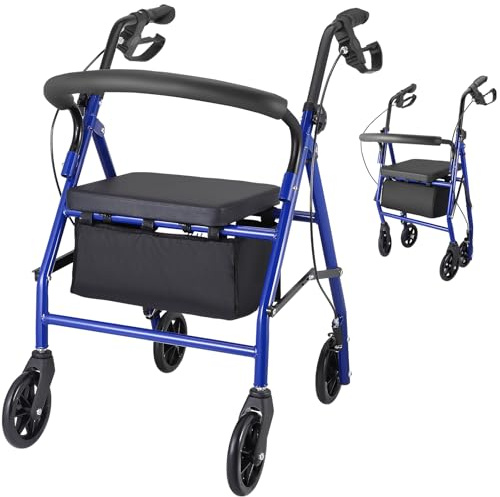 Rollator Walker with Seat, Brakes, Bag, Foldable Walking Aid, Adjustable Height, Lightweight Rollator for Disabled,Ergonomic Handles, Walking Aid, Blue