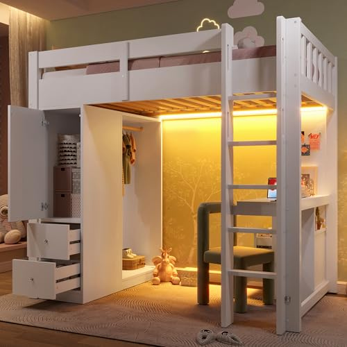 boorbin Letto a soppalco 90 x 200 cm, con 4 cassetti e 1 armadietto, sotto il letto, armadio aperto, luce LED e USB, bianco (90 x 200 cm)