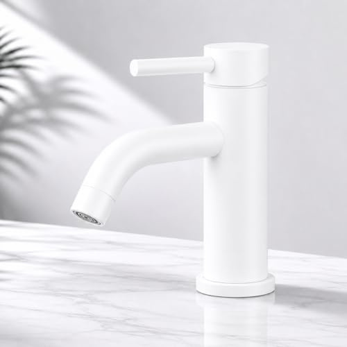 Grifo de Lavabo Monomando para Baño de Acero Inoxidable, Diseño Moderno y Minimalista (Estándar Blanco Mate)