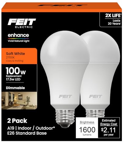 Feit Electric A19 LED Light Bulb, 100W Equivalent, Dimmable, E26 Base, CRI 90, 1600 Lumens, 2700K Soft White, General Purpose Light Bulb, 22-Year Lifetime, OM100DM/927CA/2, 2 Pack