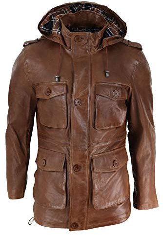 Infinity Leather Manteau pour Homme Longueur 3/4 en Cuir véritable Style Duffle Militaire Classique avec Capuche - Marron 3XL