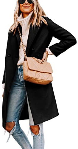 Hooever Women's Winter Wool Coat Casual Notch Lapel Single-Breasted Peacoat(Black-M)