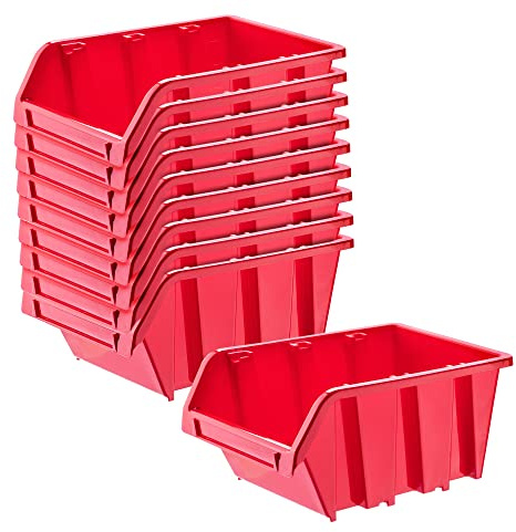 Kadax Scatole portaoggetti da Parete, impilabili, in plastica, Ideali per organizzare i Tuoi Utensili, contenitori a Becco per Garage (Set di 10: Rosso, 290 x 200 mm)