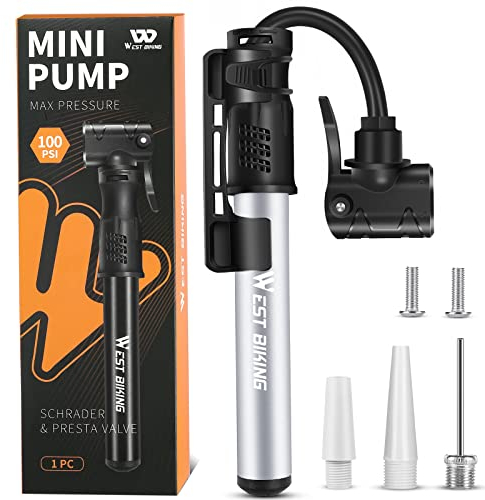 West Biking Mini Fahrradpumpe - Aluminium Luftpumpe Fahrrad alle Ventile, tragbare klein Fahrradpumpe, schnelle Reifenaufblasung Leichte Mini Fahrrad Pumpe Luft für MTB Rennrad Ballpumpe (Silber)