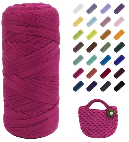 Uiopa Fettuccia per Borse a Uncinetto, 200g Filato Grosso in Poliestere, Filato di Maglietta per Ferri e Uncinetto, Fai da Te, Decorazioni, Artigianato (Rosa Rossa)