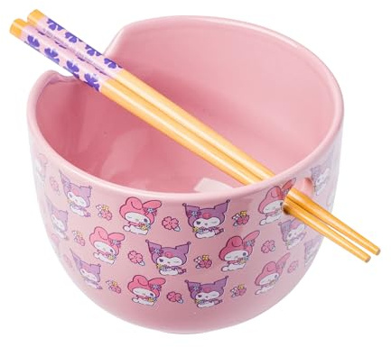 Silver Buffalo Sanrio Hello Kitty and Friends My Melody and Kuromi Pastel Flowers Ceramic Ramen Noodle Rice Bowl with Chopsticks, Microwave Safe, 20 Ounces