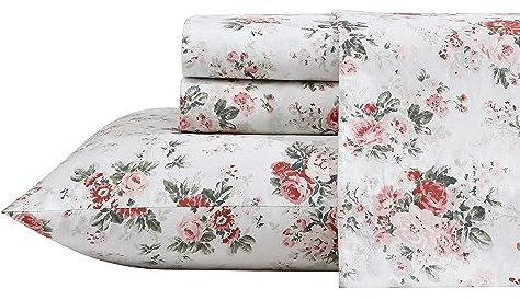 Laura Ashley - Full Sheets, Cotton Percale Bedding Set, Crisp & Cool Home Decor (Ashfield Pink, Full)