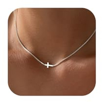 Rotnso Cross Necklace for Women Silver Plated Dainty Small Sideways Cross Pendant Choker Simple Trendy Cute Cross Charm Box Chain Necklace Easter Basket Stuffers Baptism Religious Faith Jewelry Gift