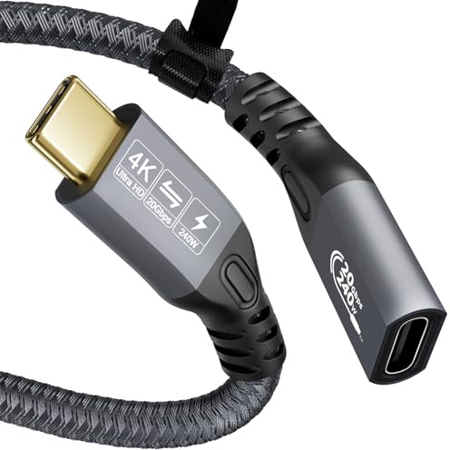 CABLEDECONN USB C 3.2 Gen-2 förlängning 0,5 m 1,6 ft, Thunderbolt 3, 240 W, snabbladdningskabel, hane till hona, dataöverföring, 20 Gbps, 48 V/5A, typ-C-videoutgång, 4K, kompatibel med MacBook