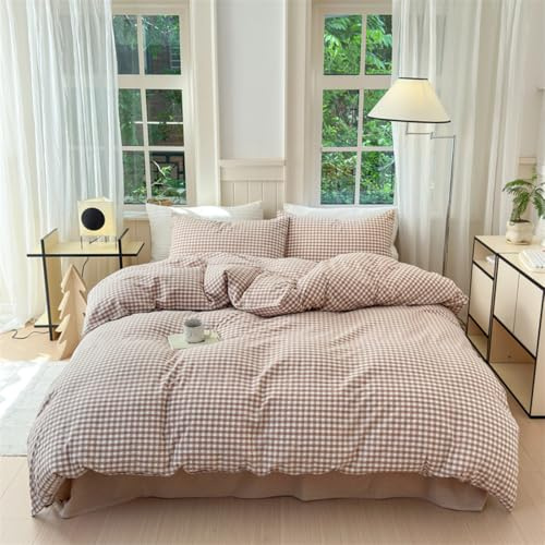 Ruccit Set de housse de couette pour lit King Size, 100% coton lavé, motif à carreaux, beige, motif à damier, parure de lit avec fermeture éclair, cordons aux coins, doux,