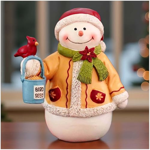 PlentifulHome Snowman Figurine Ornament – 9.5cm Hand-Painted Resin Winter Snowman with Bird and Birdseed Bucket, Christmas Decoration for Tabletop, Mantel or Festive Gift Display