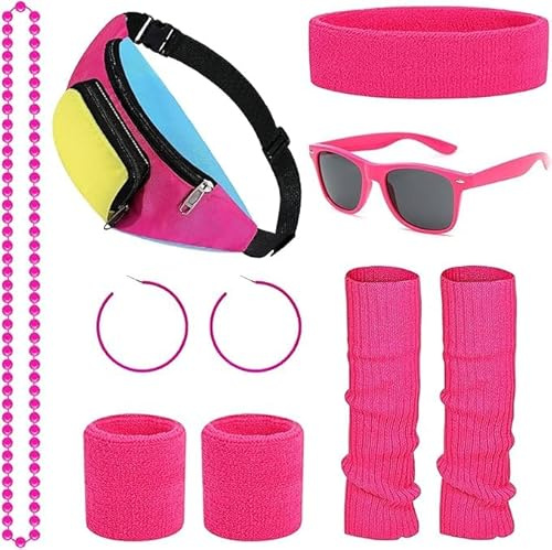 80s Fancy Dress Costumes, 1980s Retro Sport Accessories Sets with Bumbag Headband Wristbands Leg Warmers Eyeglasses Earrings Necklace, Neon Outfit for Women 80s Party, Dress up Party (rose red)