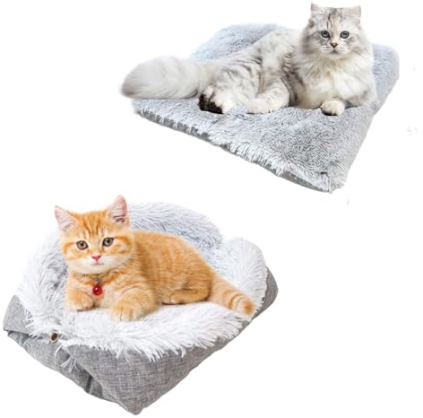 Self-Warming Cat and Dog Mat - Fluffy Plush Bed Nest with Foldable Heating Cushion, Gray (61x51cm)