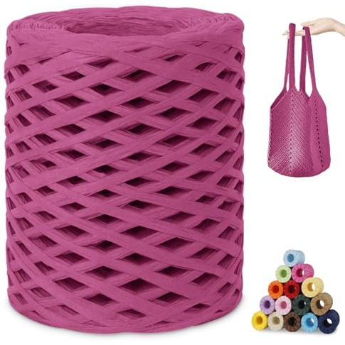 CAMAL Raffia Garn zum Häkeln, Papierdraht Bastband zum Basteln 3mm x 200m Raffia Bast Bunt Papiergarn zum Häkeln Von Taschen, Strandmütze, DIY Handarbeiten (Rosa Rot)