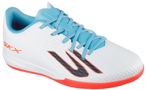 Skechers SKX_2 Jr Youth IC Football Trainers Shoe, White Synthetic/Turq Synthetic/Pink Trim, 1 UK Child