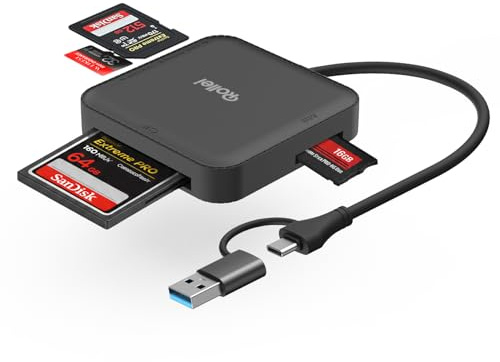 Lettore di Schede 4 in 1 Rollei Card Reader per SD microSD CF MS con USB 3.0 & USB C Supporta Lettura Simultanea di 2 Schede OTG per Serie iPhone 17/16/15 Android Mac, Lettore-Schede-SD-Card-Reader