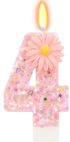 Velas Cumpleaños Números 4 Rosa, Vela con Margarita 3D y Brillos, Vela 4 Años para Tarta Cumpleaños, Foto Party, Decoración Fiesta Infantil, Base Estable, Efecto Brillante Dulce, Regalos para Fiestas