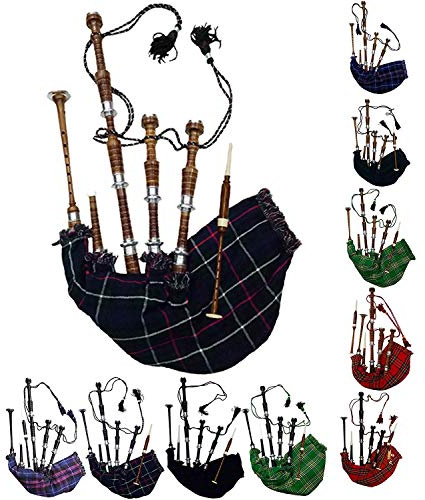 Schottischer Dudelsack in voller Größe, Palisanderholz oder braunes Finish mit silberfarbenen Halterungen, inklusive Anleitungsbuch, Tragetasche, Drohne, Schilfrohr (braun, Mackenzie)