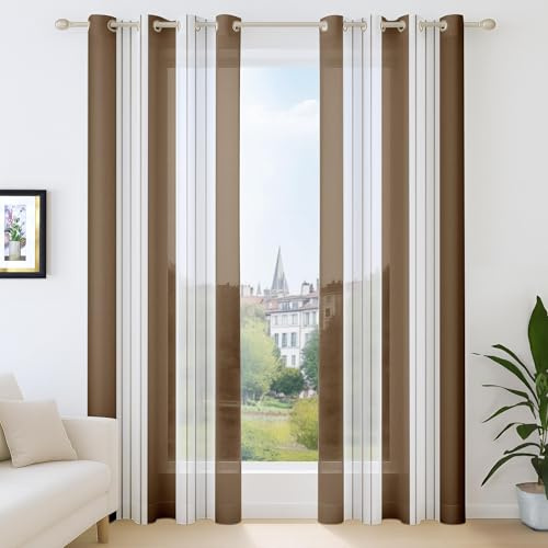 Deconovo Voile Vorhänge mit Ösen, Vorhangschal Transparent Boho Streifenmuster, Fensterschal Schlafzimmer in Leinenoptik, 138x140 cm(HöhexBreite), Kaffe, 2er Set