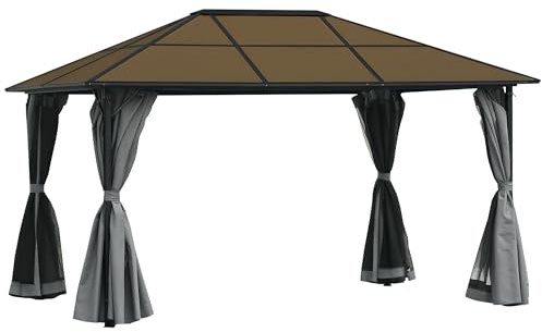 Outsunny 3 x 4m Hardtop Gazebo Canopy with Polycarbonate Roof, Aluminium Frame, Permanent Pavilion Garden Gazebo with Netting and Curtains - Grey