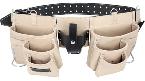 TOUGH MASTER Leather Work Belt Pouch 12 Pocket Suede DIY Belt, Multi Pocket Storage Organiser, Hammer Loop, Tape Pocket Heavy Duty Tool Belt for Builders