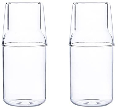 MISNODE 2Pcs 360ml Bedside Water Carafe Set with Cup Tumbler for Bedroom Nightstand, Glass Mouthwash Bottle for Bathroom, Clear Juice Water Pitcher