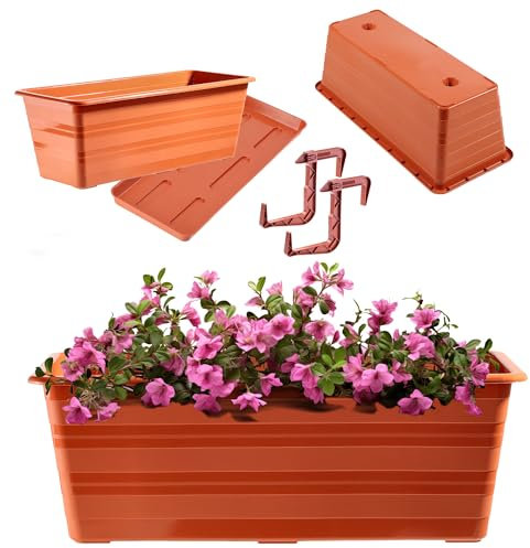 KADAX Fioriera 40 cm con sottobicchieri e 2 manici, in terracotta, vaso da balcone in plastica, resistente alle intemperie, vaso per fiori, ringhiera per fiori, erbe aromatiche