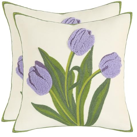 Tosleo Juego de 2 fundas de cojín bordadas de 45 x 45 cm, tulipán morado, para jardín, salón, dormitorio, 2 unidades, diseño de flores