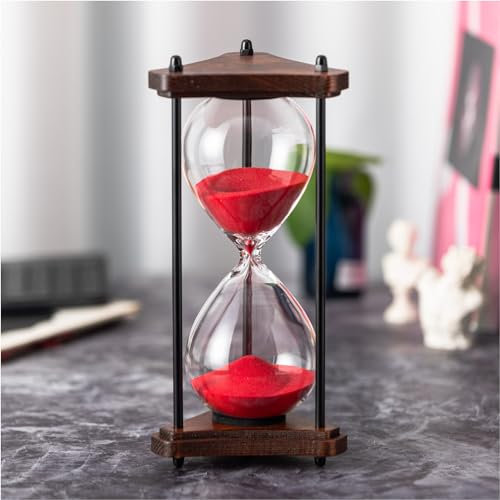ELAINESTORE Temporizador de reloj de arena de 60 minutos, marco de madera triangular decorativo (arena roja, tamaño grande)