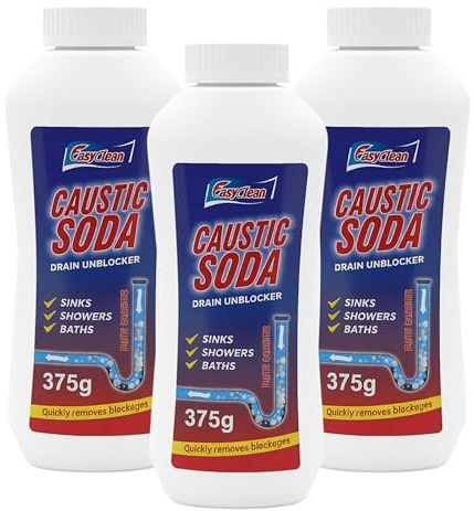 Powerful Caustic Soda Drain Cleaner | Effective Clog Remover, Industrial Strength Formula, Fast Action (3 X 375gm) (Packaging may vary)